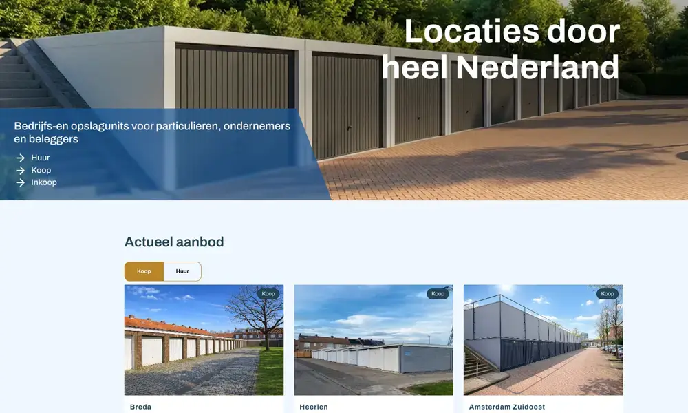Website Koop een garagebox met het actuele aanbod en locaties door heel Nederland