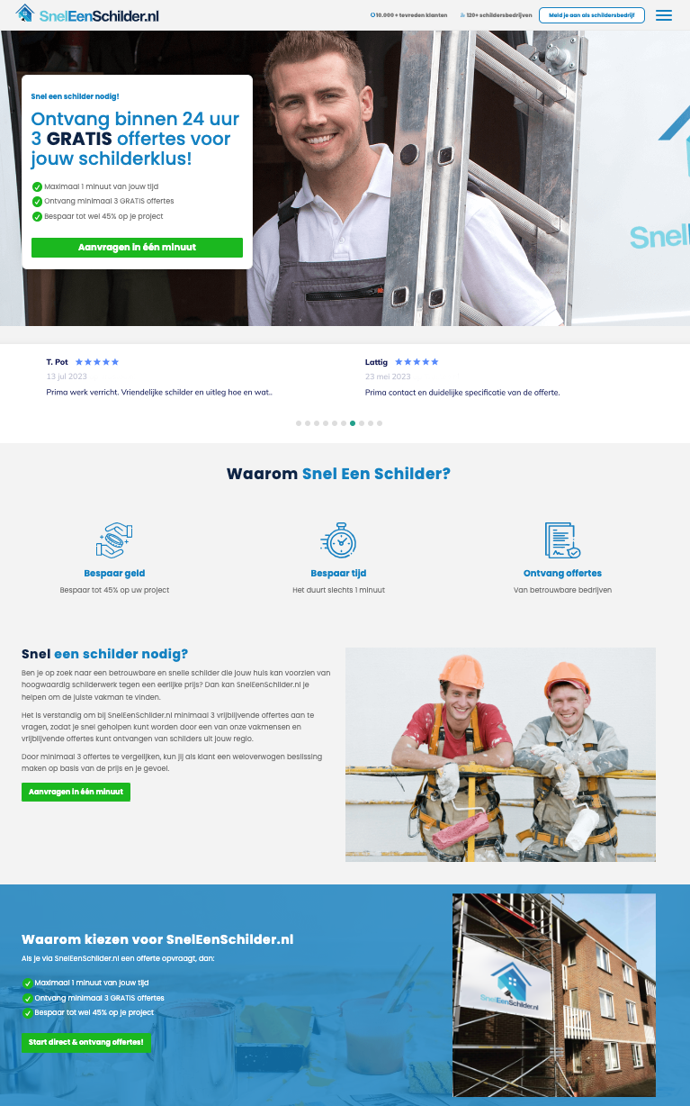 Schermafbeelding van de website van Snel een Schilder