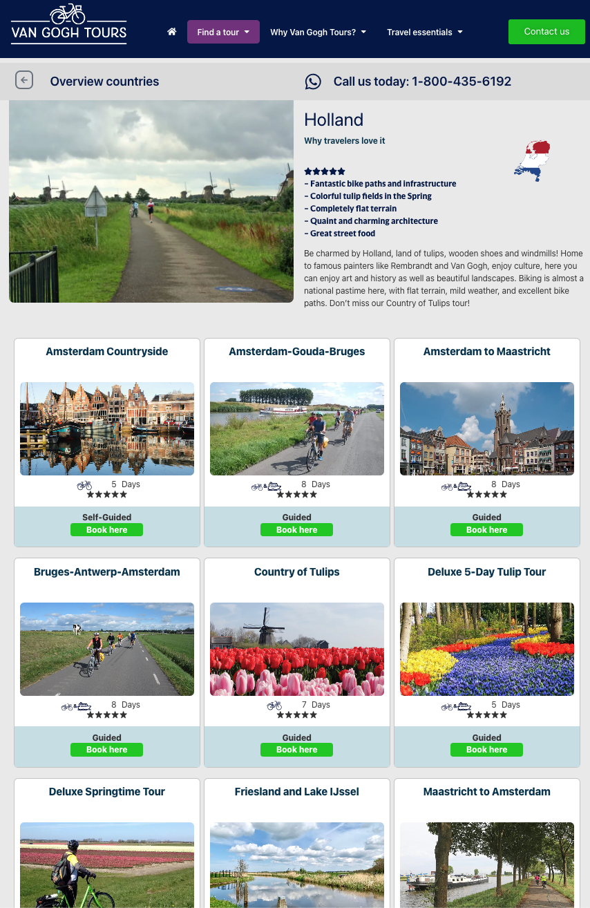 Schermafbeelding van de website van Van Gogh Tours
