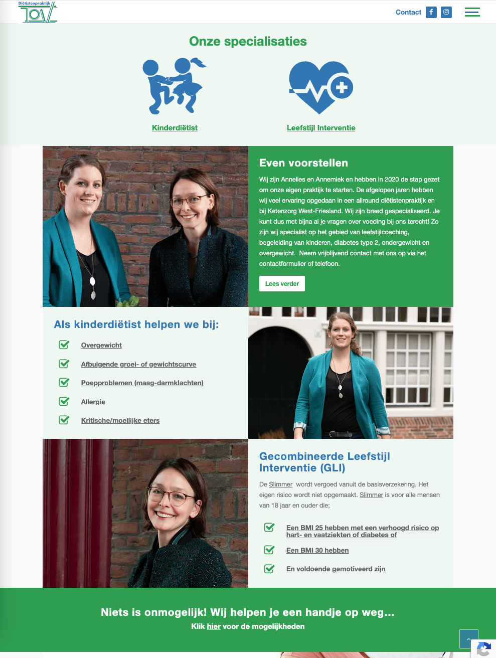 Schermafbeelding van de website van Diëtistenpraktijk TOV, deel 1