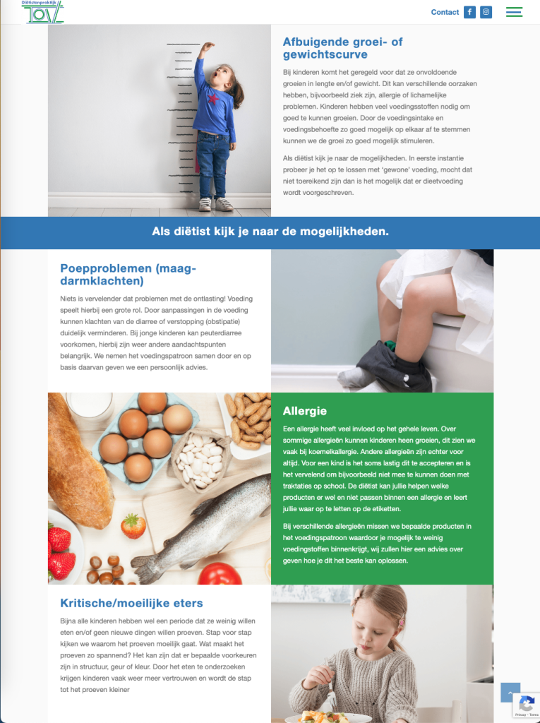 Schermafbeelding van de website van Diëtistenpraktijk TOV, deel 2