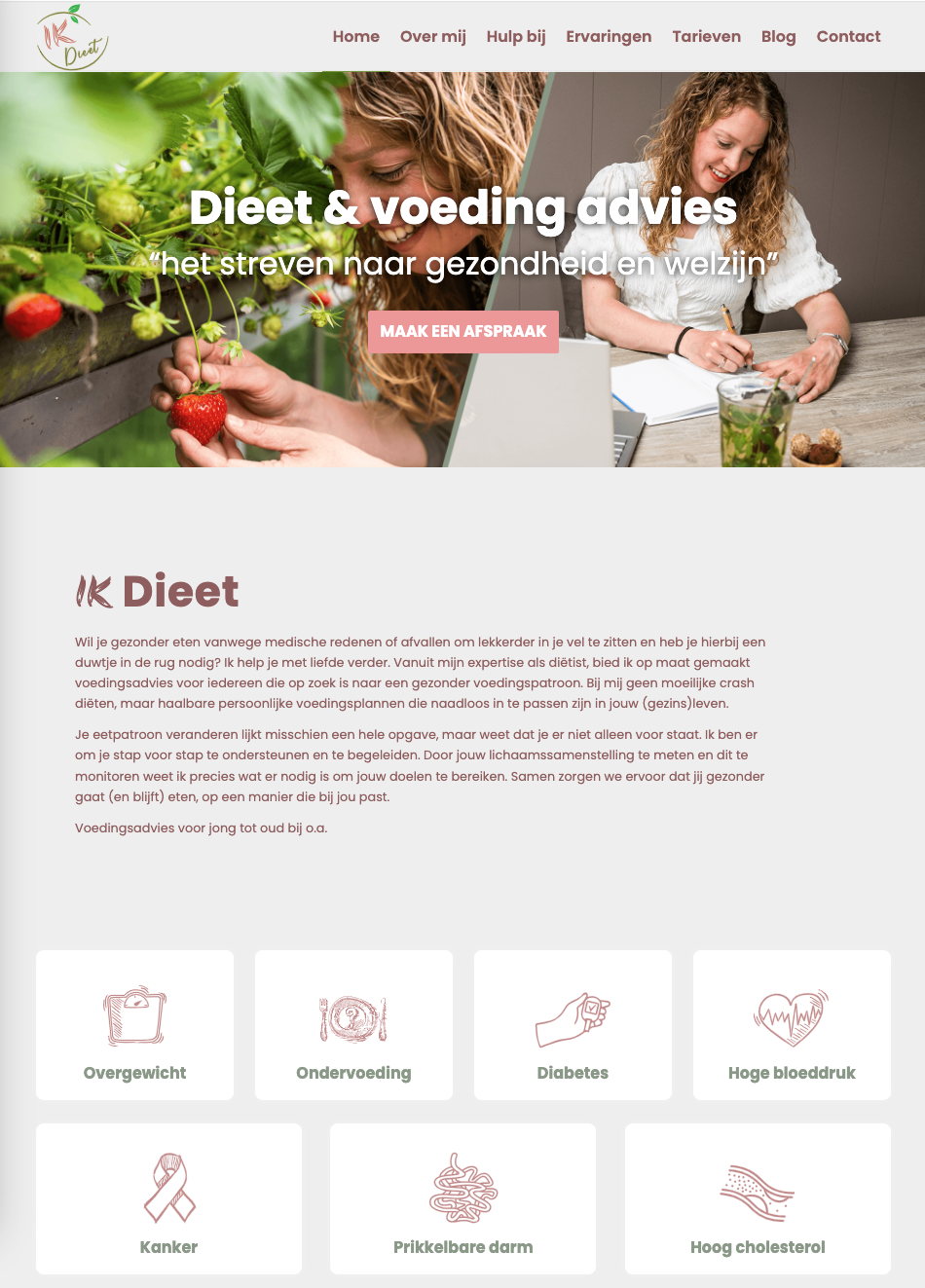 Schermafbeelding van de website van Diëtistenpraktijk IK-Dieet, deel 1