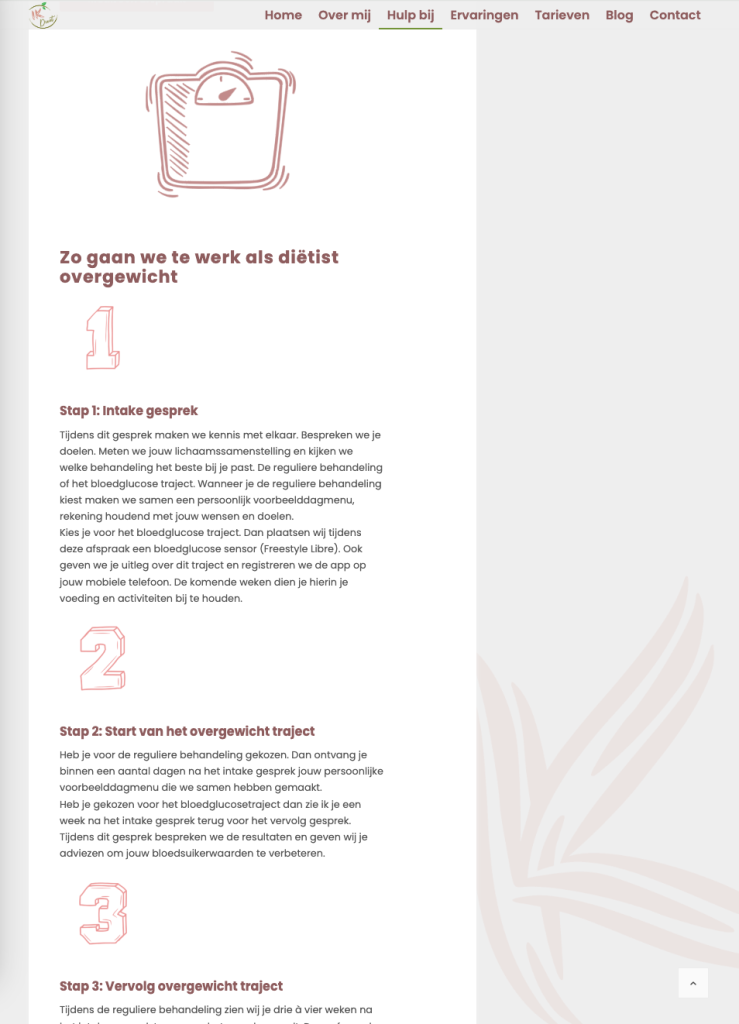 Schermafbeelding van de website van Diëtistenpraktijk IK-Dieet, deel 2