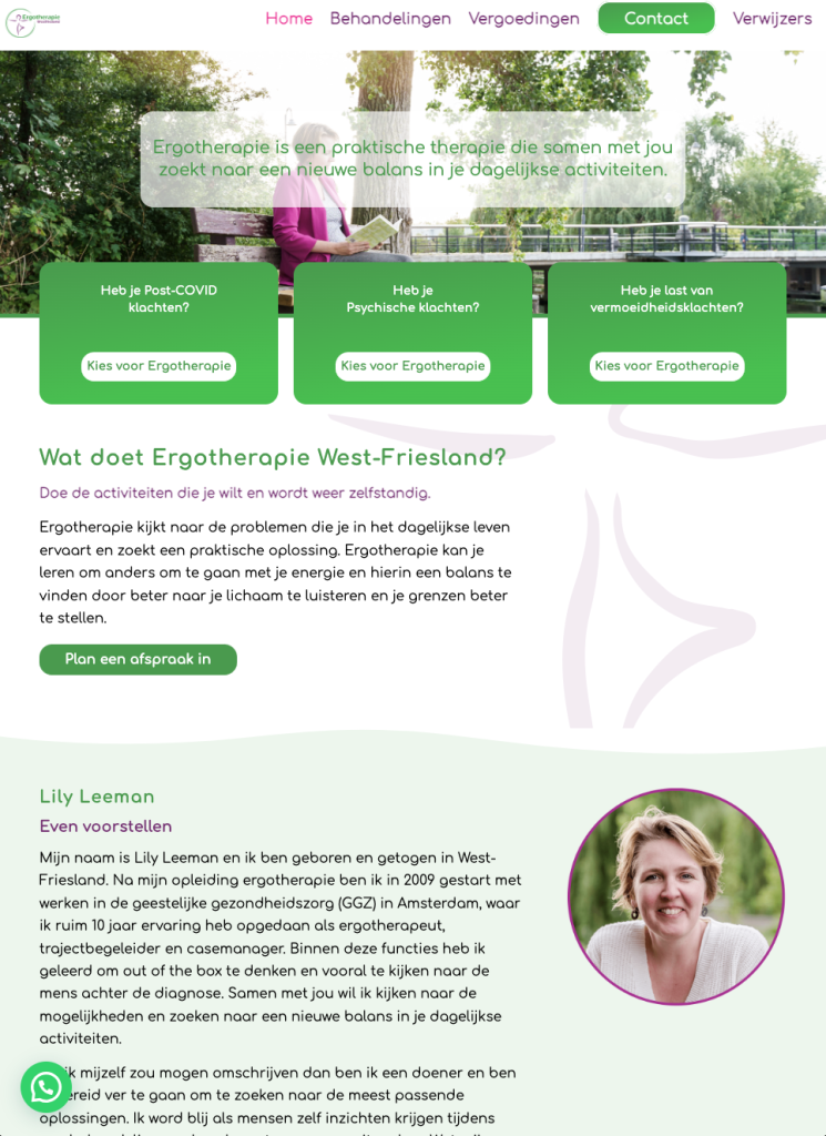 Schermafbeelding van de website van Ergotherapie West-Friesland, deel 2