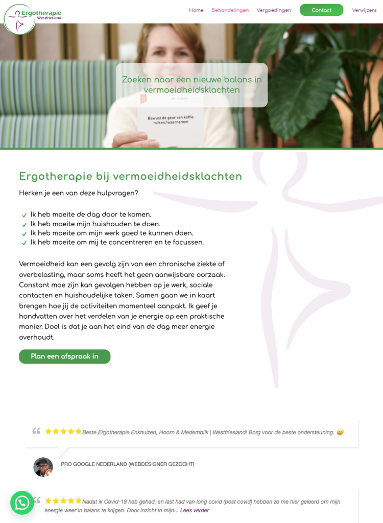 Schermafbeelding van de website van Ergotherapie West-Friesland, deel 1