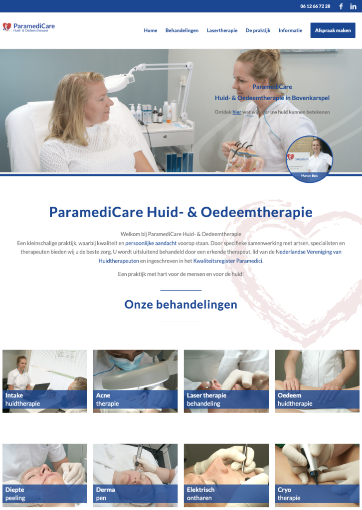 Schermafbeelding van de website van ParamediCare Huid- & Oedeemtherapie, deel 1