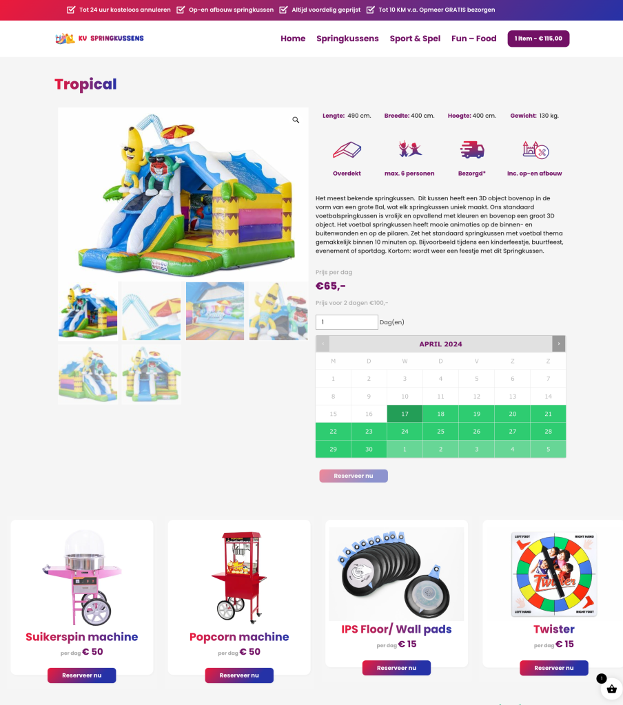 Schermafbeelding van de website van KV Springkussens