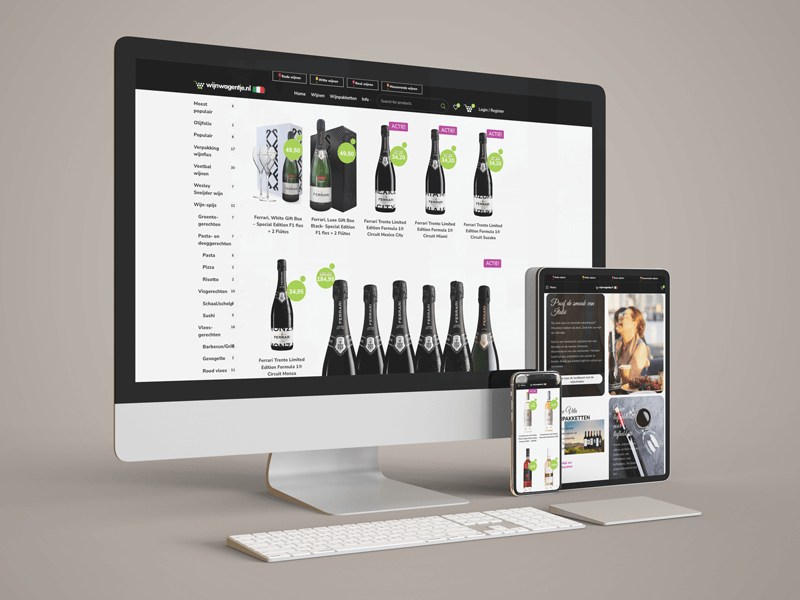Webwinkel met wijnen op desktop, tablet en telefoon, gebouwd door Project Direct