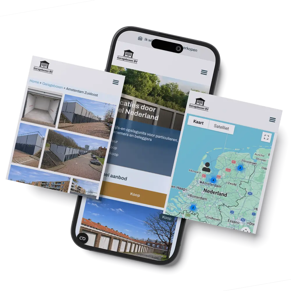 Website voor garageboxen op drie telefoons, met aanbod en een kaart van Nederland