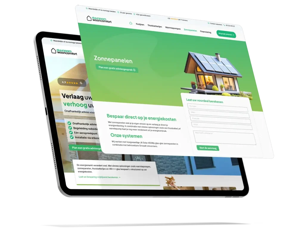 Website abonnement voorbeeld: bedrijfswebsite van Duurzaam Wooncomfort op laptop en tablet