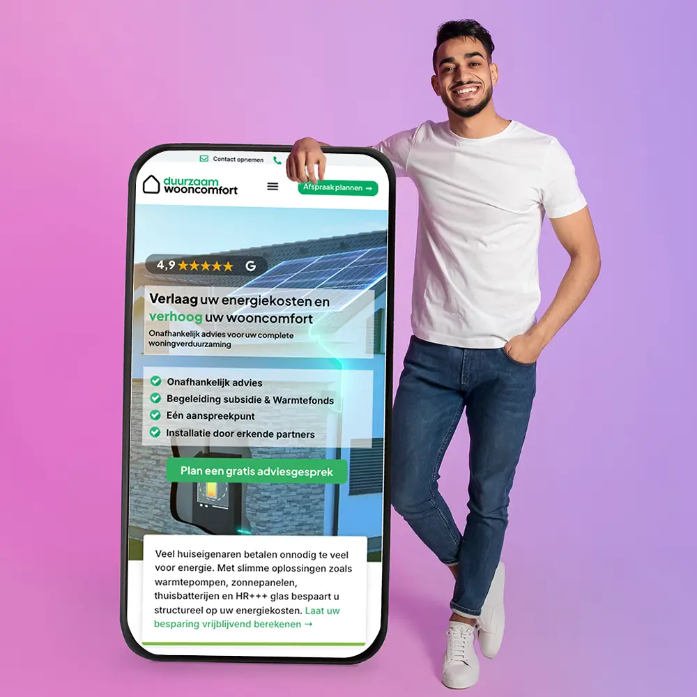 Website abonnement voorbeeld: mobiele bedrijfswebsite van Duurzaam Wooncomfort op een smartphone
