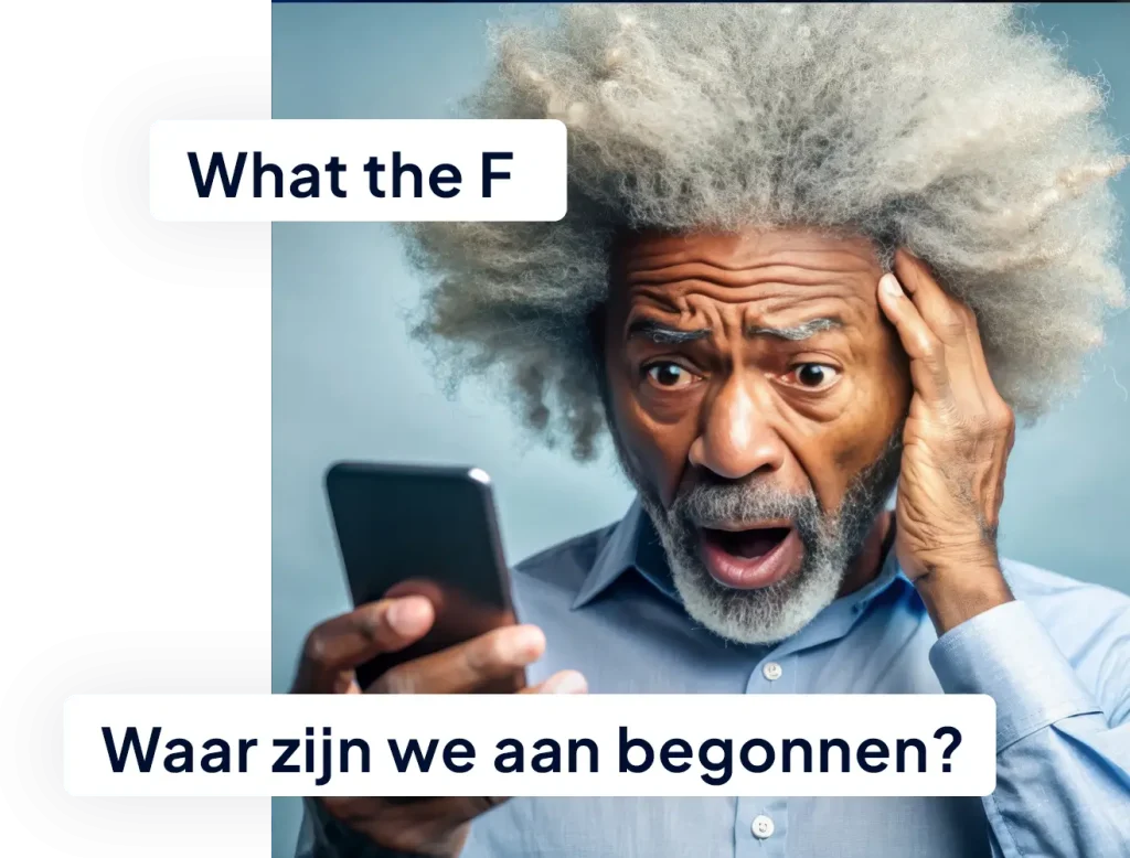Geschrokken man kijkt naar zijn telefoon met de tekst: waar zijn we aan begonnen?