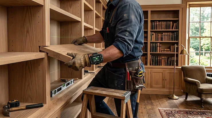 Interieurbouw specialist monteert een maatwerk boekenkast