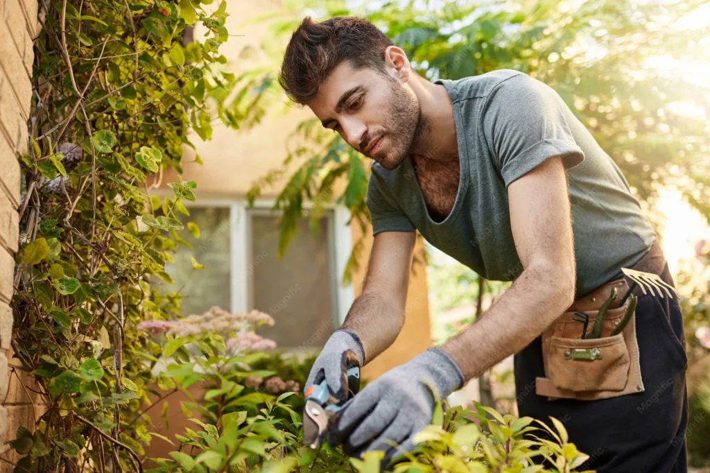 Groen en tuin hovenier werkt met tuingereedschap