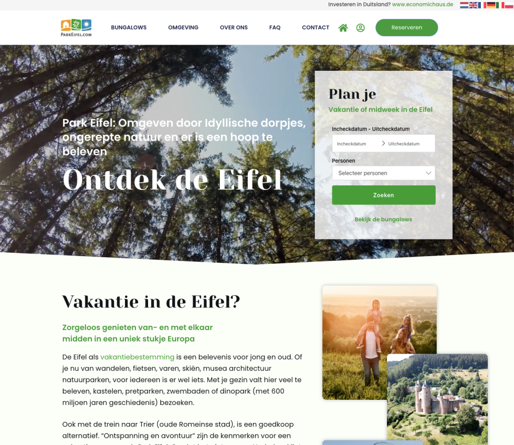Website van Park Eifel met zoek- en boekformulier voor vakantiewoningen