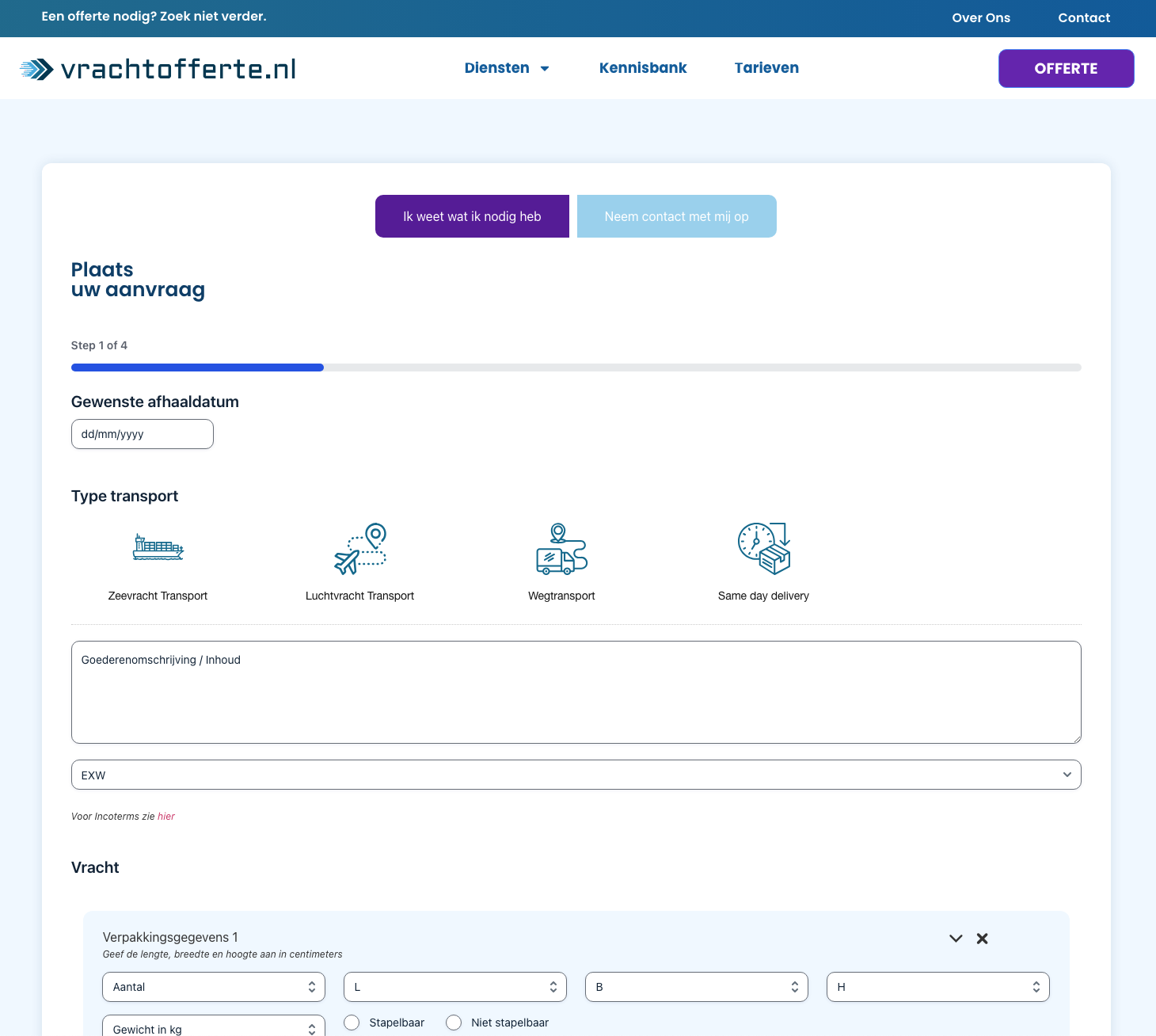 Schermafbeelding van de website van Vrachtofferte.nl, deel 2