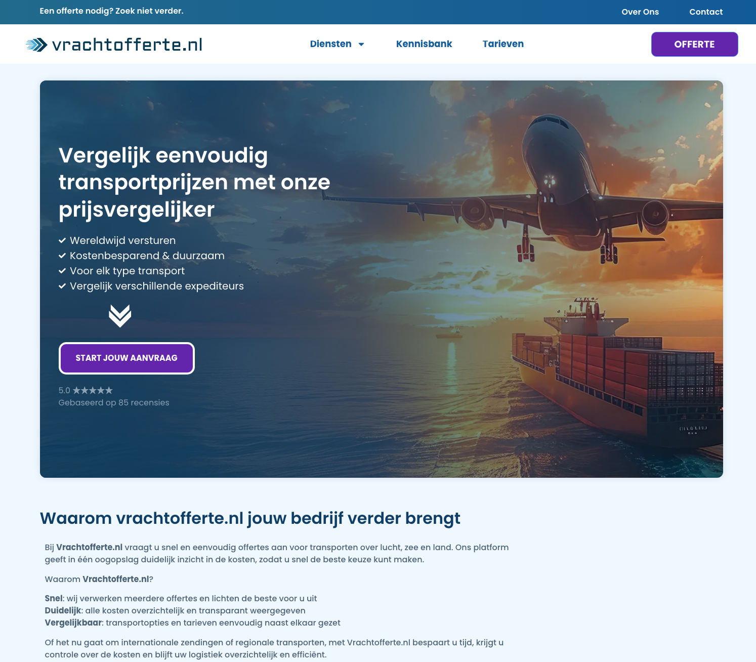 Schermafbeelding van de website van Vrachtofferte.nl, deel 1