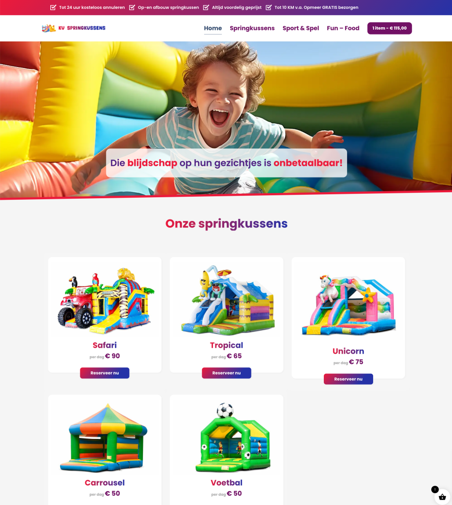 Website voor springkussenverhuur met een overzicht van de springkussens