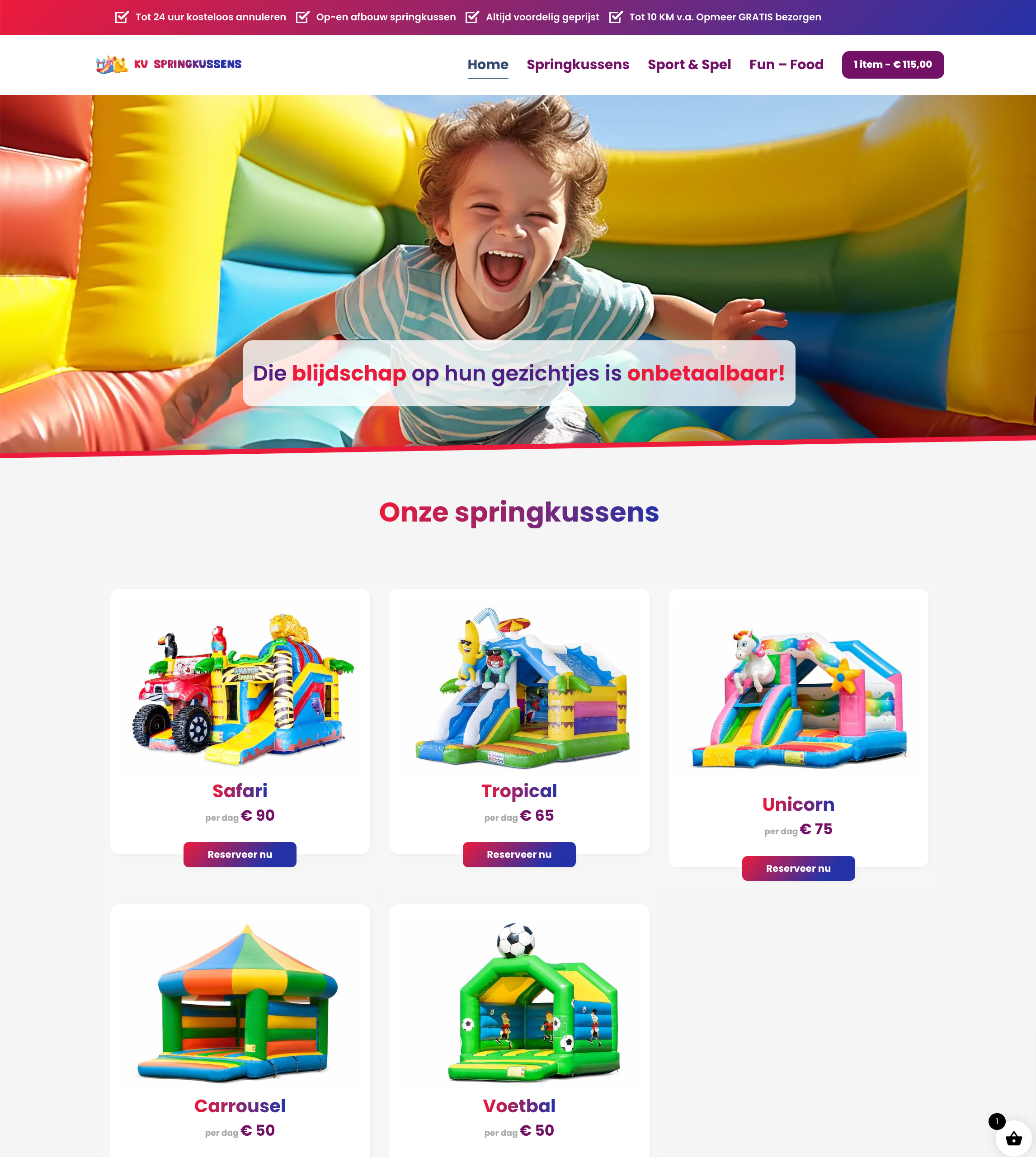 Website voor springkussenverhuur met een overzicht van de springkussens