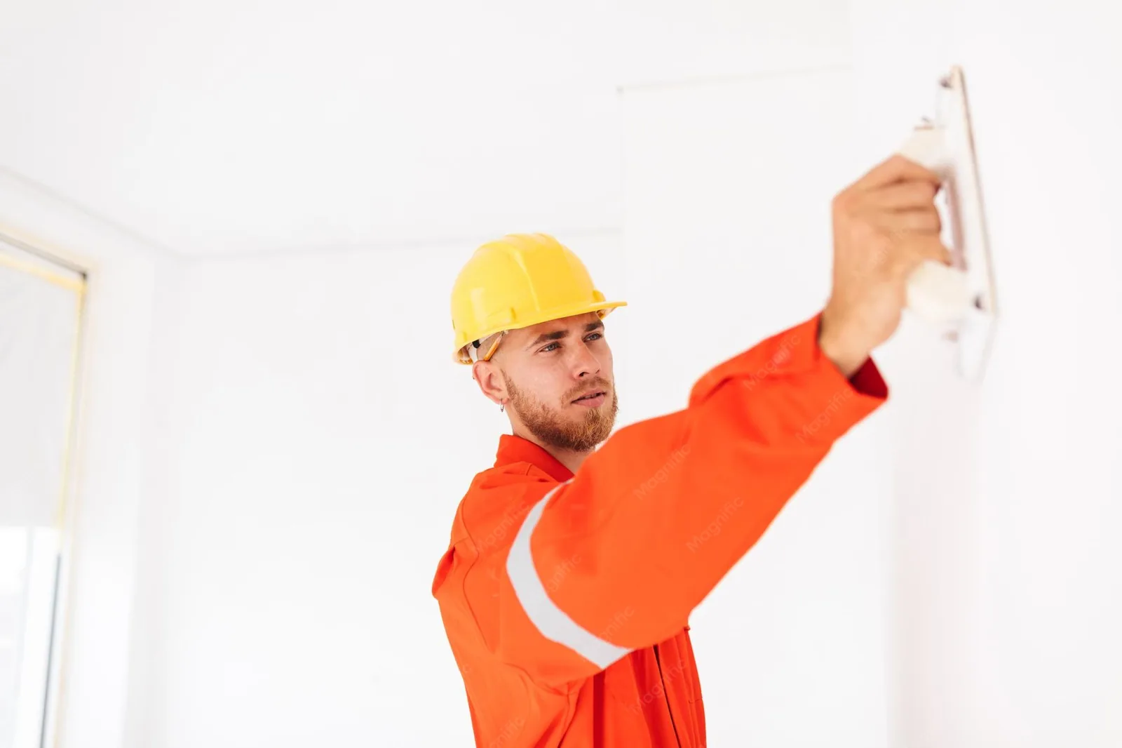 Afbouw en stukadoors: vakman controleert materiaal tijdens de voorbereiding