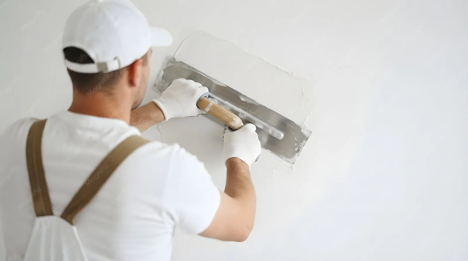 Afbouw en stukadoors: vakman brengt pleister aan tijdens een renovatie