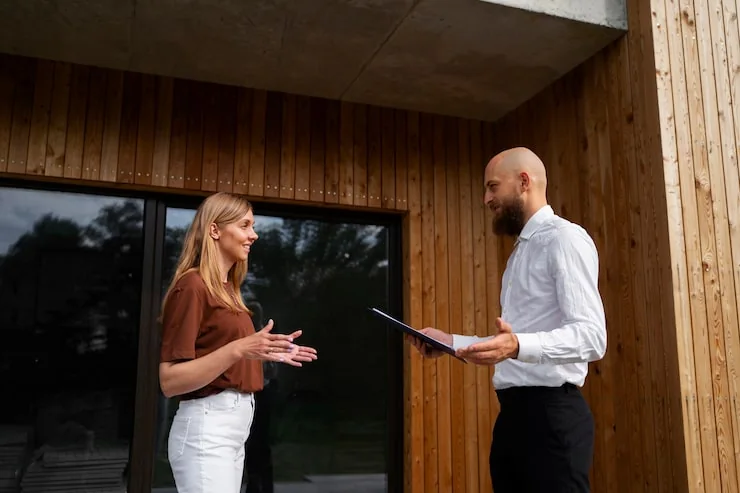 Makelaars begeleiden een woningkoper bij haar nieuwe huis