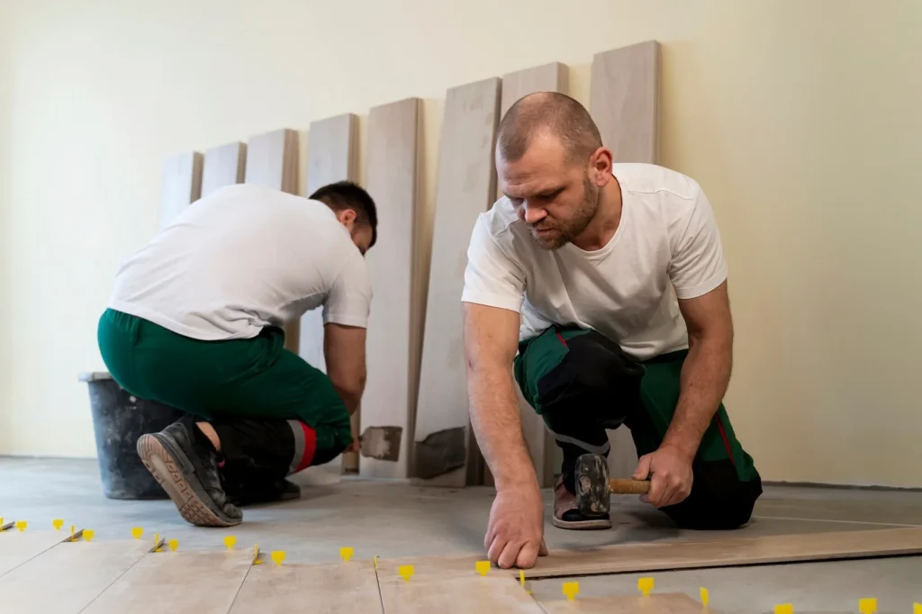 Tegelzetters – team werkt aan een strakke tegelvloer