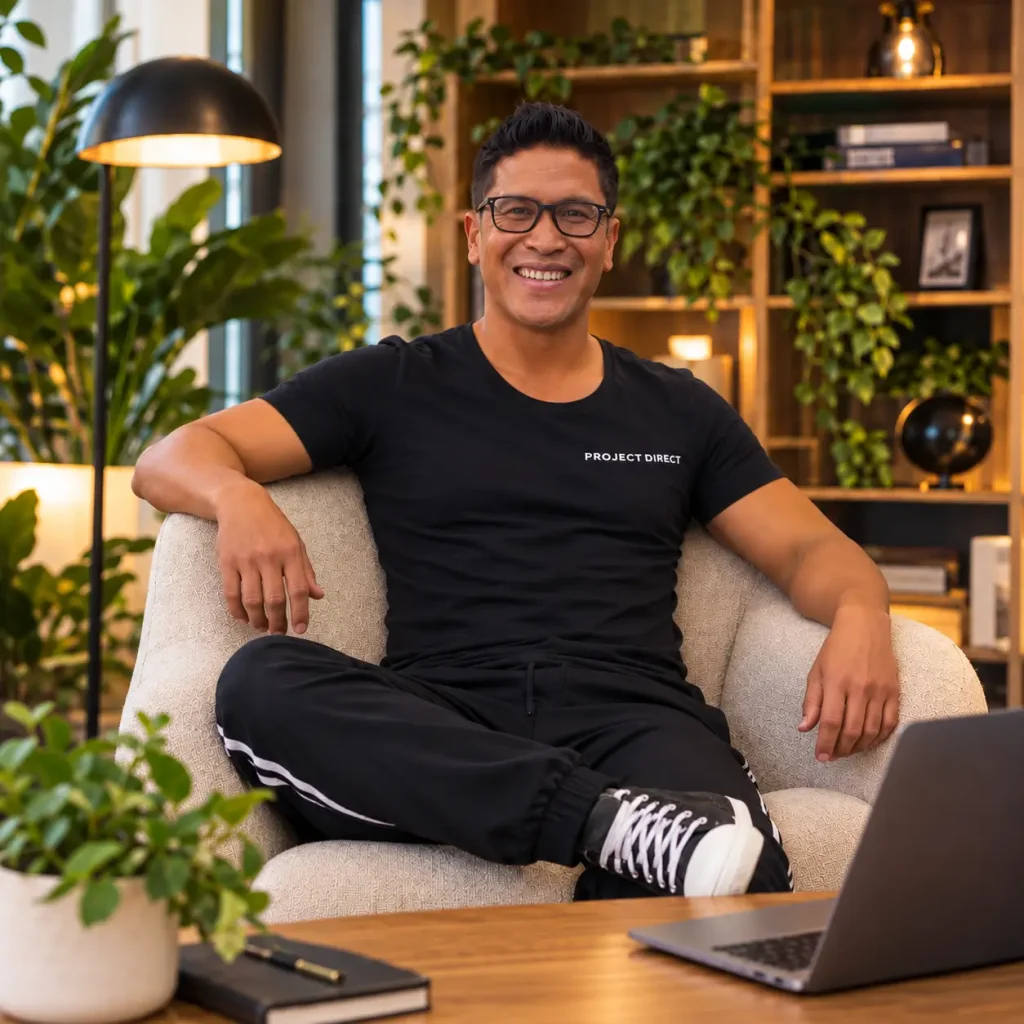 Timo van Tilburg, eigenaar van Project Direct, in zijn werkkamer met laptop
