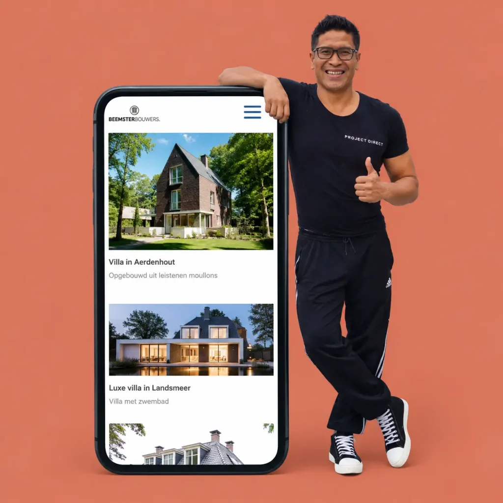 Timo van Tilburg leunt op een grote telefoon met een door hem gebouwde website