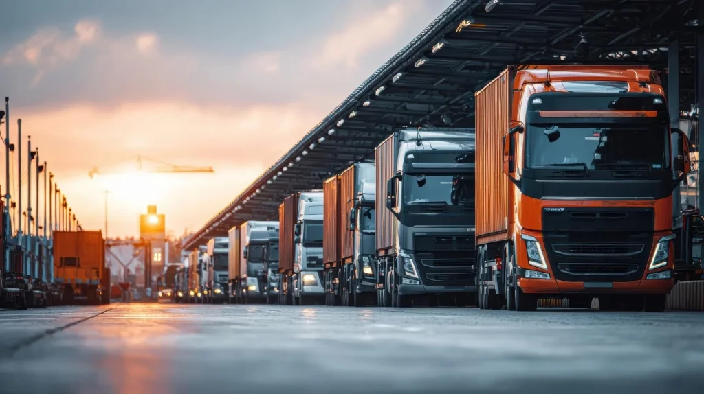 Transport en logistiek – vrachtwagens bij een logistiek centrum