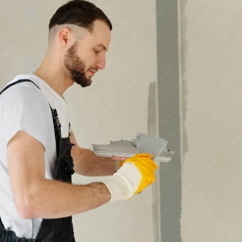 Afbouw en stukadoors: stukadoor werkt met een pleisterspaan aan een wand