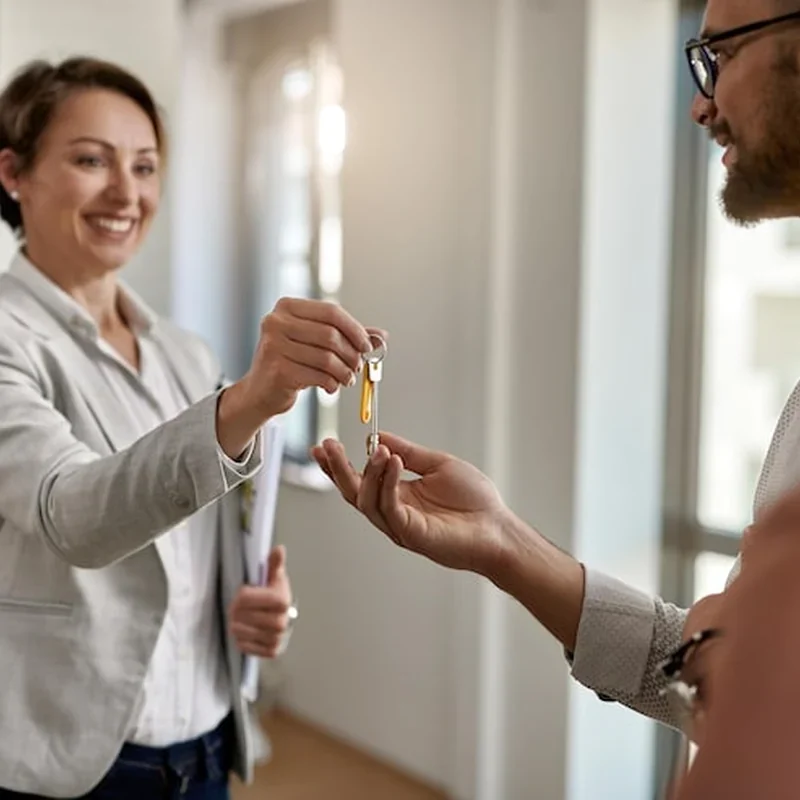 Makelaars overhandigen sleutels aan tevreden kopers van een woning